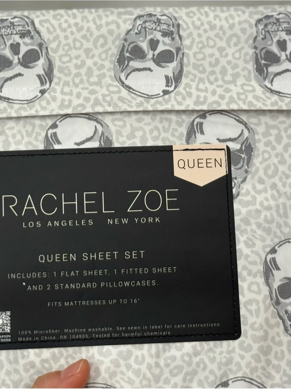 Rachel Zoe White and Gray Skull Queen Sheet Set